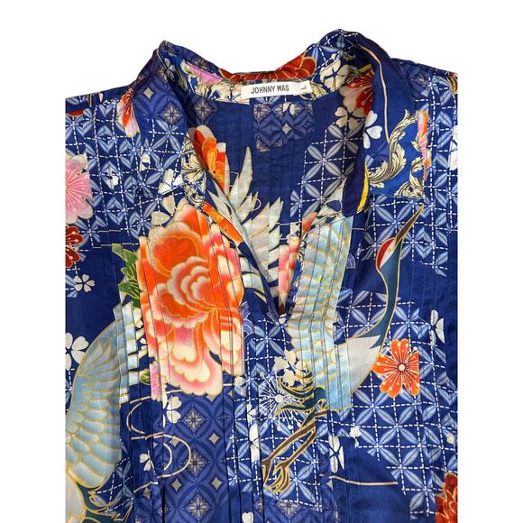 JOHNNY WAS Blue Pajaro Coddi 100% Silk Blue Floral Tunic Boho Top Women's LARGE - Picture 10 of 14